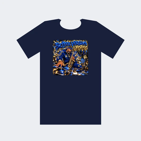 BVL tee mockup with Better Version Lifestyle artwork